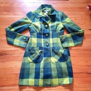Susina Small Green Blue Yellow Plaid dress coat W/ pockets Classic Preppy Office